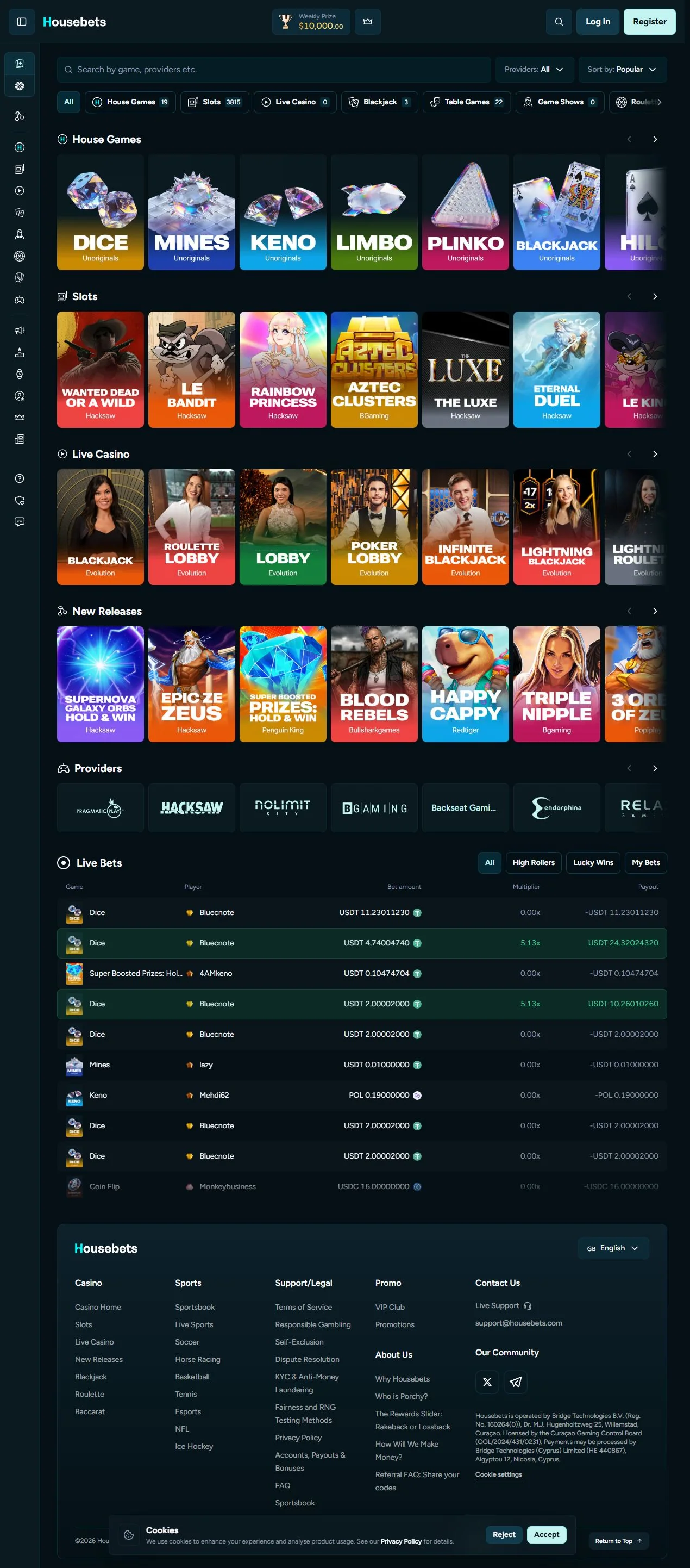 Housebets casino lobby with slots and game categories