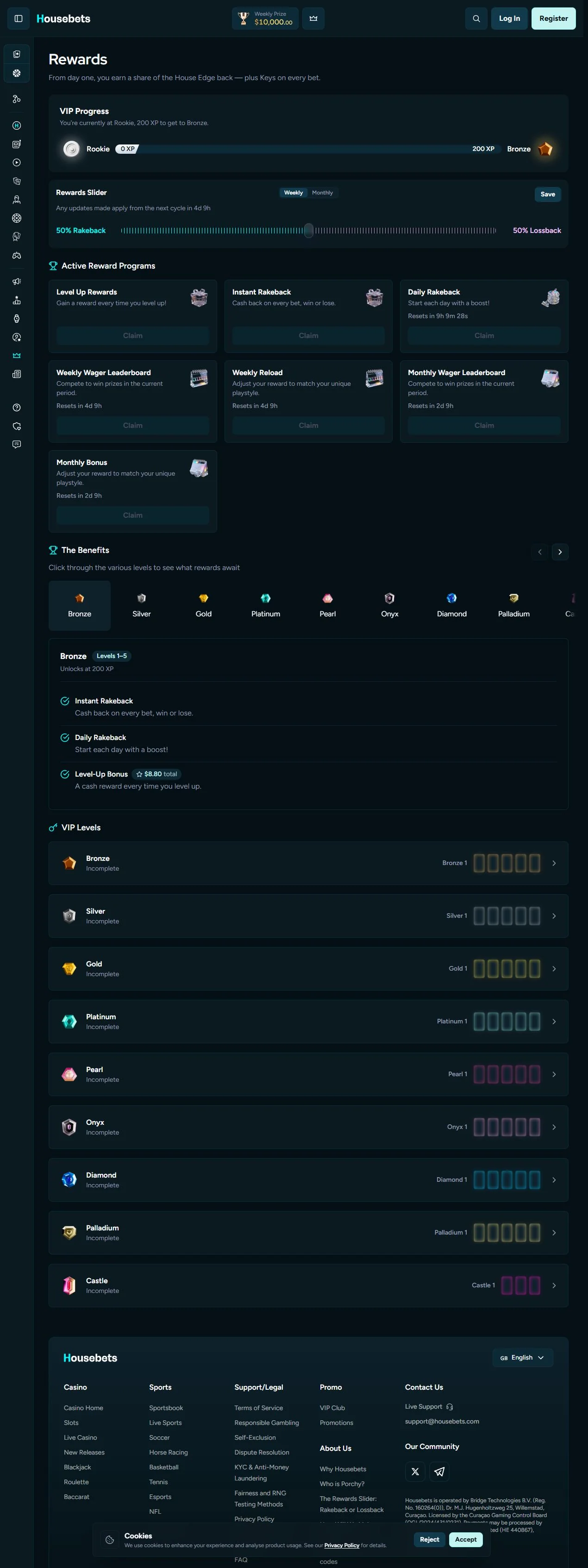 Housebets rewards dashboard showing loyalty and rakeback features