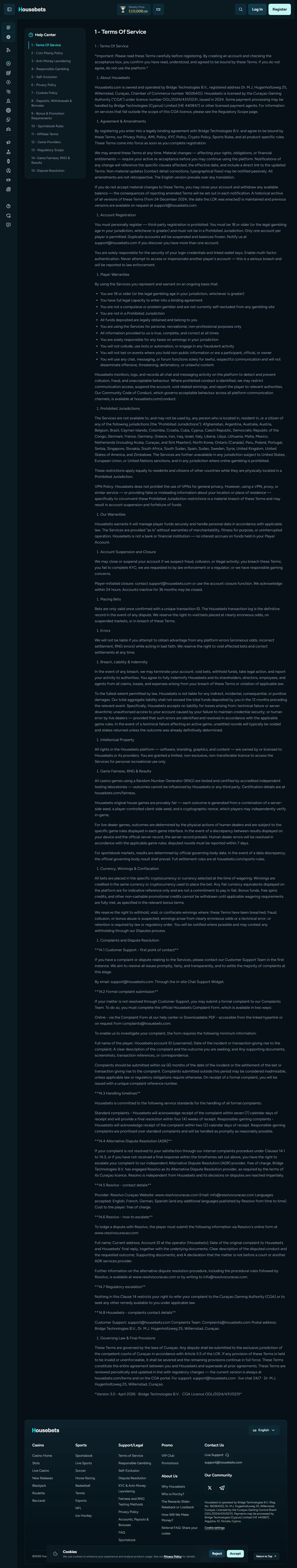 Housebets official terms and regulatory information page