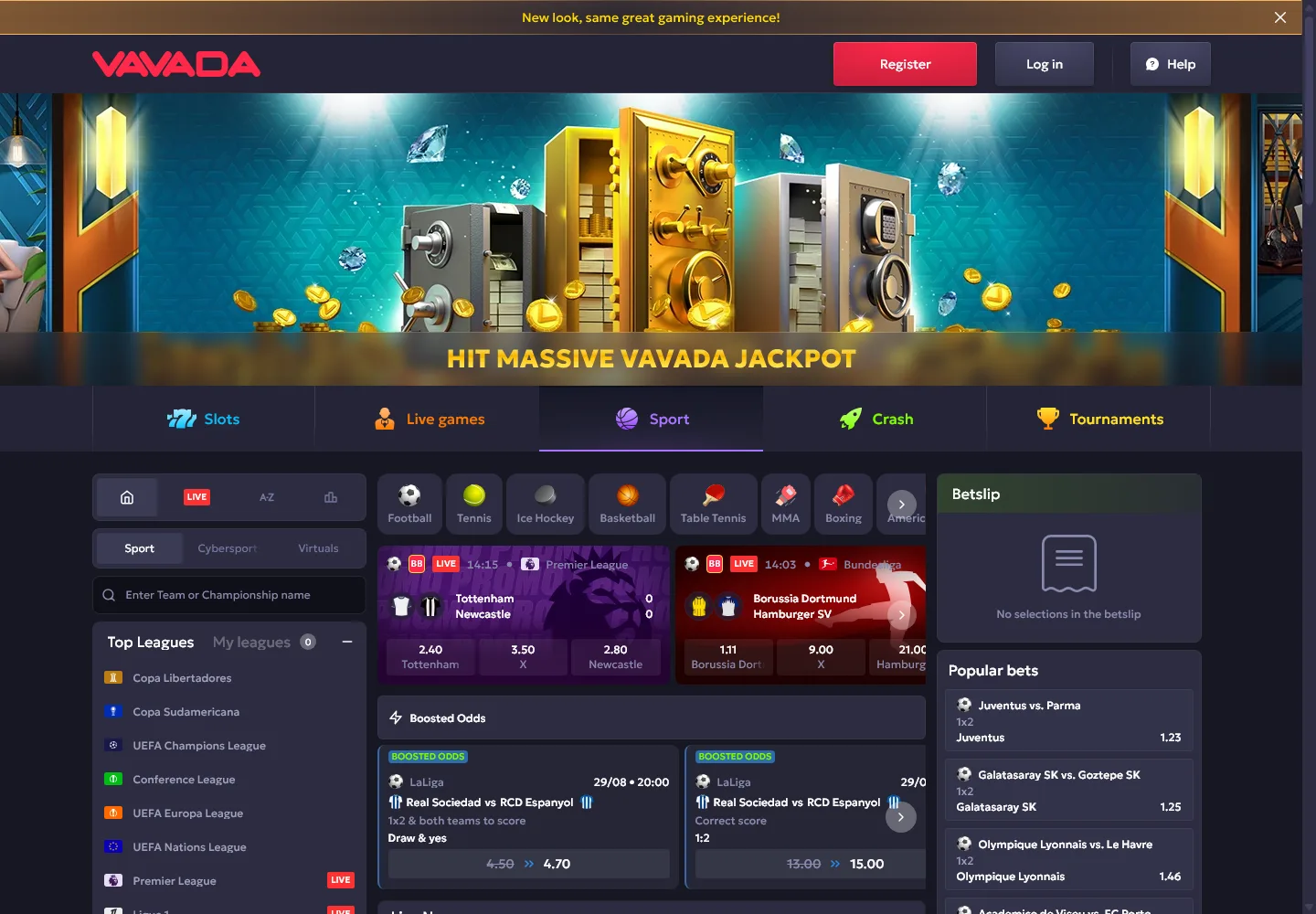 Fully loaded Vavada sportsbook with live football markets and bet slip