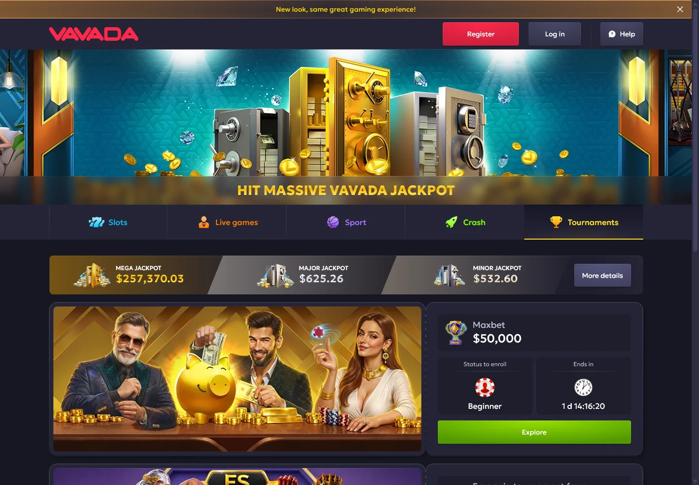 Fully loaded Vavada tournaments page with jackpot and prize panels