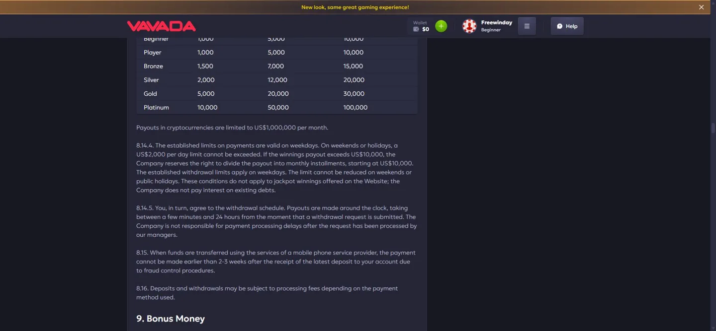 Official Vavada terms with daily weekly monthly VIP payout limits and one million dollar crypto withdrawal cap